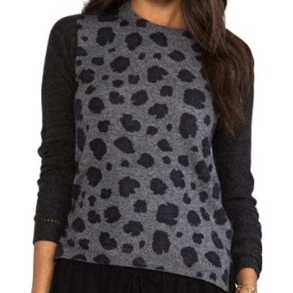 Rebecca Taylor Blocked Leopard Sweater Extrafine Lambswool Cashmere Rib Navy XS - Picture 1 of 5
